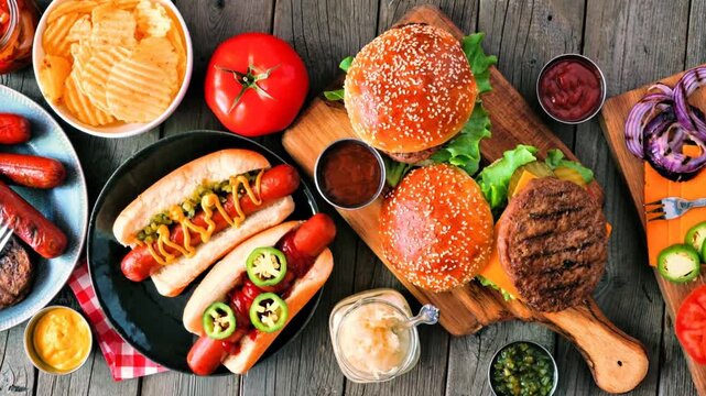 Summer BBQ food table scene with hot dog and hamburger buffet. Slow rotating zoom motion. Above view over a wood background.