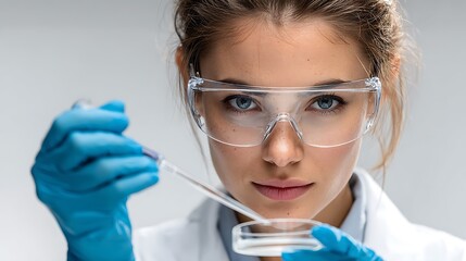 Fototapeta premium Female scientist using pipette to drop liquid into a petri dish while wearing protective goggles in a high resolution commercial studio photograph