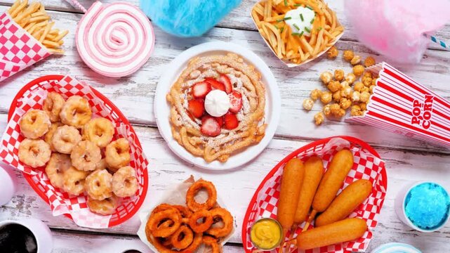 Carnival theme food table scene over a white wood background. Slow rotating zoom motion. Summer fair concept. Corn dogs, funnel cake, cotton candy and snacks.