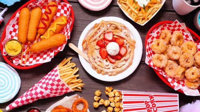 Carnival theme food table scene over a dark wood background. Slow rotating zoom motion. Summer fair concept. Corn dogs, funnel cake, cotton candy and snacks.