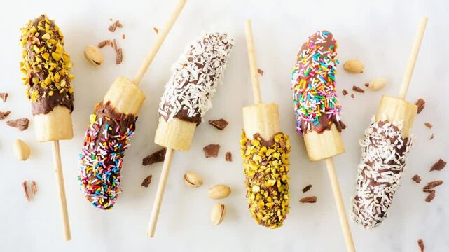 Frozen chocolate dipped banana pops. Slow rotating zoom motion. Variety with nuts, sprinkles and coconut. Top view scattered on a white marble background.