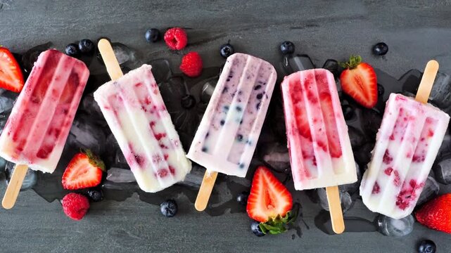 Group of assorted berry fruit yogurt popsicles on a dark slate background. Slow rotating zoom motion.