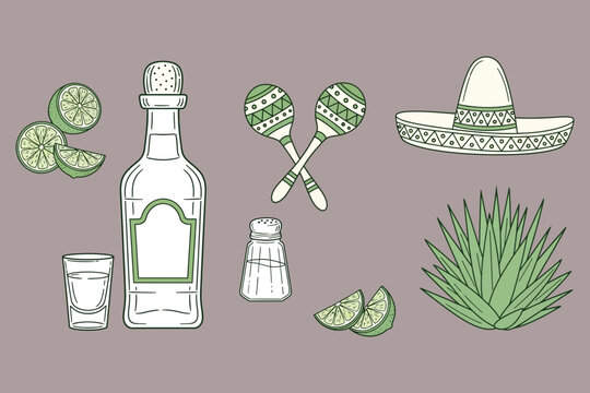 Illustration of mexican-themed items including tequila and maracas