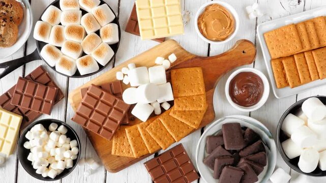 Smores buffet table scene. Slow rotating zoom motion. Roasted marshmallows, crackers, chocolate and a variety of ingredients. Overhead view on a white wood background.