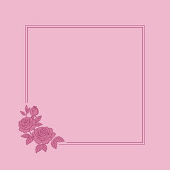 Elegancka kwadratowa ramka z podwójną linią i bukietem róż — ręcznie rysowana ilustracja wektorowa w stylu line art. © Monika