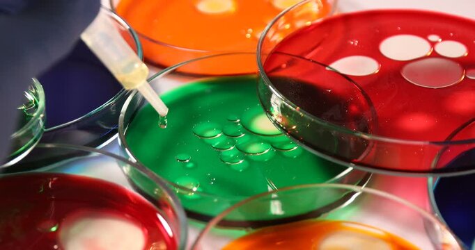 Scientist dripping reagent into Petri dish with sample at table, closeup
