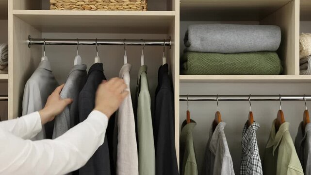 Man putting hanger with jacket into wardrobe indoors, closeup