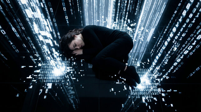Woman curled up sleeping in digital binary code matrix. Resting figure amid falling green data streams. Cyber dreamscape and virtual reality immersion. Future technology fusion with human
