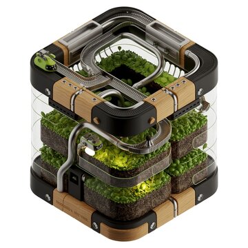 Futuristic terrarium with winding tracks and lush green plants inside a transparent cube structure. isolated on white background