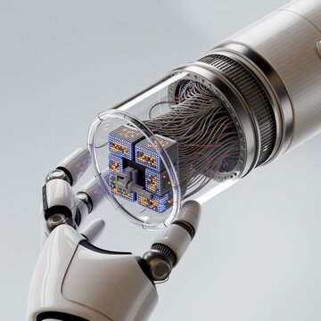 Robotic arm carefully holding glowing digital brain inside transparent tube representing artificial intelligence technology. isolated on white background
