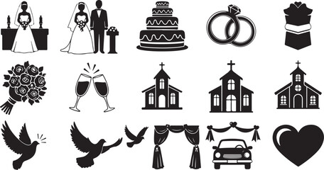 Obraz premium Wedding icons and symbols in black and white