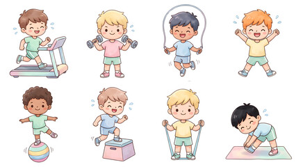 Fototapeta premium Set of funny young boy in fitness gym activities cartoon character avatars featuring a hand drawn vector illustration icons for creative baby art design pastel watercolor