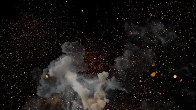 Dynamic explosion with vibrant orange and yellow hues, scattering sparks against a dark backdrop