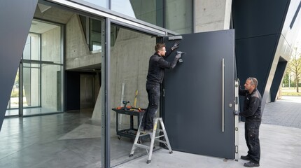 Fototapeta premium Medium frame showing solid panel metal doors being installed at a modern building entrance highlighting sleek sturdy construction and clean lines.
