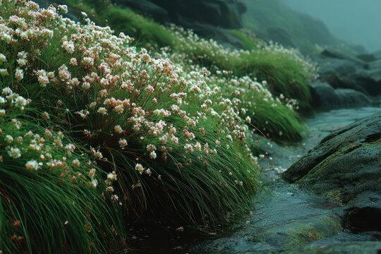 Wildflowers by mountain stream in misty landscape natural serene background
