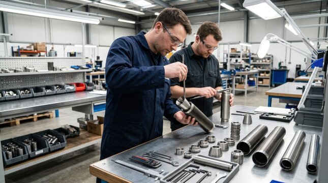 Medium shot capturing modular sound moderator baffle assembly with technicians aligning interchangeable internal components and tubes for customizable suppressor configurations