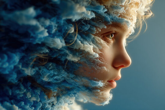 Surreal Side Profile Portrait of Woman with Cloud Texture Face and Dreamy Atmosphere
