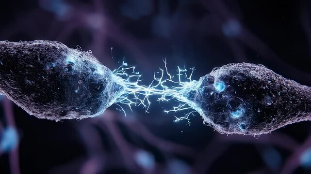 Macro view shows two biological entities with an electrifying connection. A bright energy field links them amidst a dark backdrop