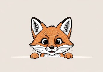 Obraz premium Cute cartoon fox peeks over a blank edge on a light background.