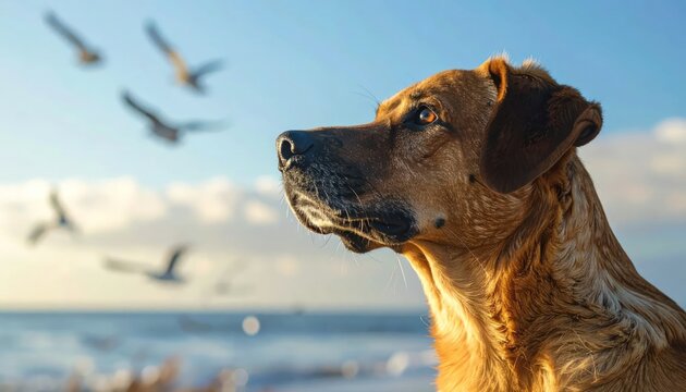 A loyal dog gazes out at the ocean with birds flying overhead.