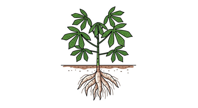 Cassava Plant with Edible Roots and Green Leaves Illustration