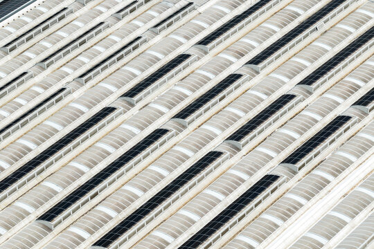 Aerial view of the repetitive pattern of curved industrial roof panels and solar skylights Leccio, Toscana, Italy.