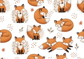Fototapeta premium Cute cartoon foxes are arranged in a repetitive seamless pattern on a white background.