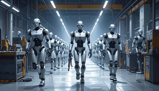 A futuristic scene of humanoid robots walking in a factory (1)