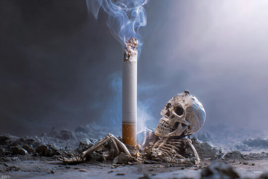 Dramatic conceptual image showing the deadly danger of tobacco. Smoking leads to death and serious health problems. Dark and moody tone.