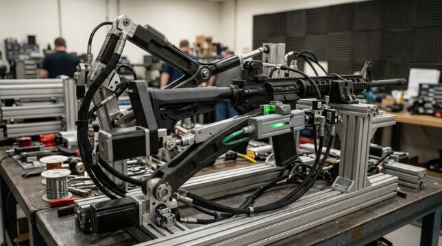Medium shot of a recoil rig in action precisely simulating firearm recoil cycles with mechanical arms and sensors for function testing and durability analysis.