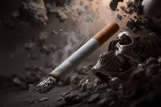 Dramatic conceptual image showing the deadly danger of tobacco. Smoking leads to death and serious health problems. Dark and moody tone.