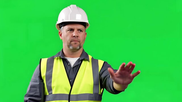 Man in hard hat and safety vest making a stop gesture on green screen background