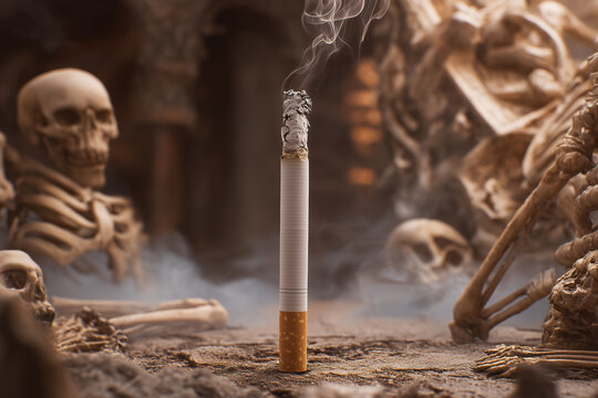 Dramatic conceptual image showing the deadly danger of tobacco. Smoking leads to death and serious health problems. Dark and moody tone.