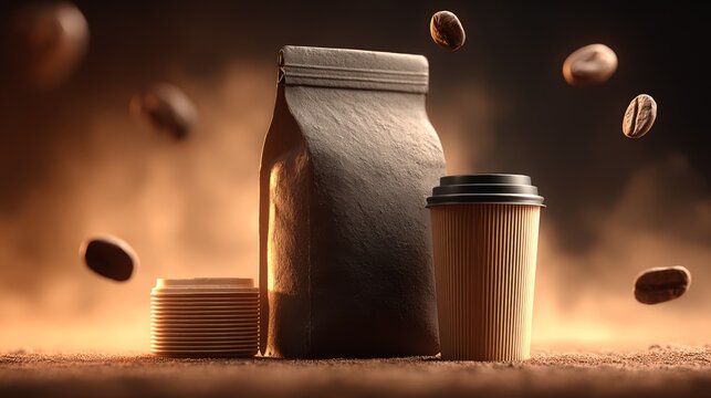 Stylish coffee bag, stack of cups, and takeaway cup stand amid floating beans in warm light, conveying aroma and premium branding for cafes, roasters, or beverage campaigns.