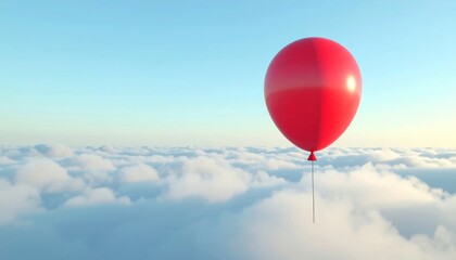 Fototapeta premium A Single Red Balloon Floats High Above a Sea of Clouds.