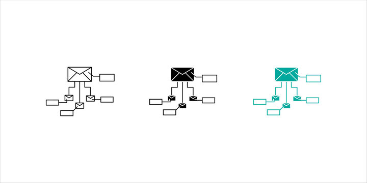 Envelope connected to multiple smaller envelopes representing email distribution, communication network, message routing, and digital messaging systems. icon set.