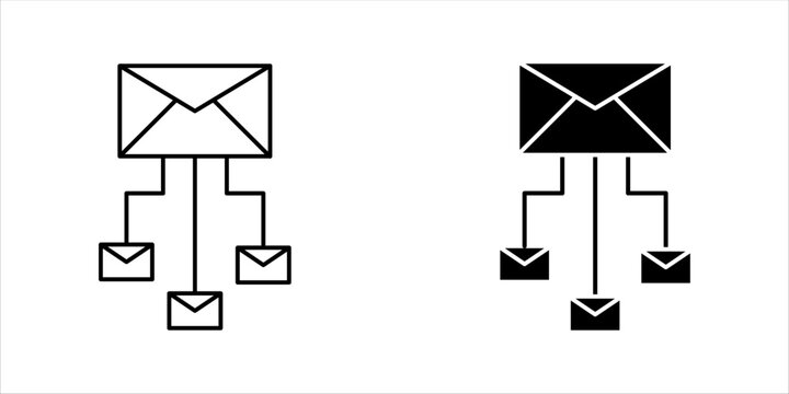 Envelope connected to multiple smaller envelopes representing email distribution, communication network, message routing, and digital messaging systems. icon set.