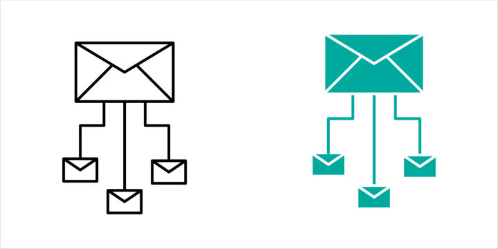 Envelope connected to multiple smaller envelopes representing email distribution, communication network, message routing, and digital messaging systems. icon set.