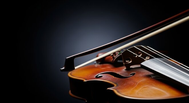 A violin bow moves across strings in a soft blur, captured with dramatic chiaroscuro lighting as classical music resonates in the dark, wooden, chiaroscuro, symphony