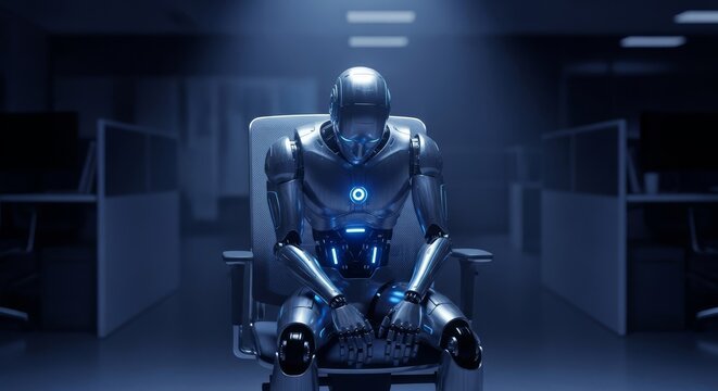 A sleek metallic robot sits slumped in an empty office chair late at night, glowing blue lights dimming within a quiet, modern workspace, office, chrome, night