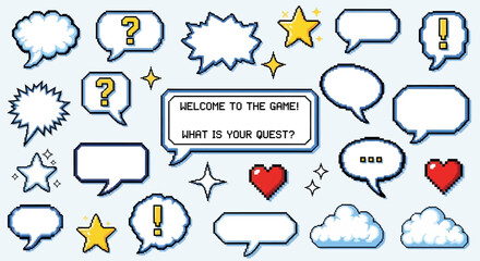 Fototapeta premium Set of pixel art speech bubbles, stars, heart and cloud shapes. Retro game style dialogue box and elements. Modern vector illustration