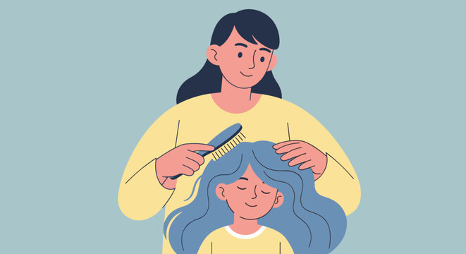 Woman styling girls long blue hair.