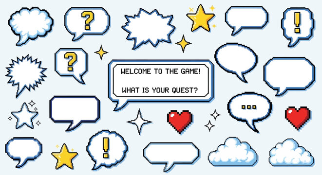 Set of pixel art speech bubbles, stars, heart and cloud shapes. Retro game style dialogue box and elements. Modern vector illustration