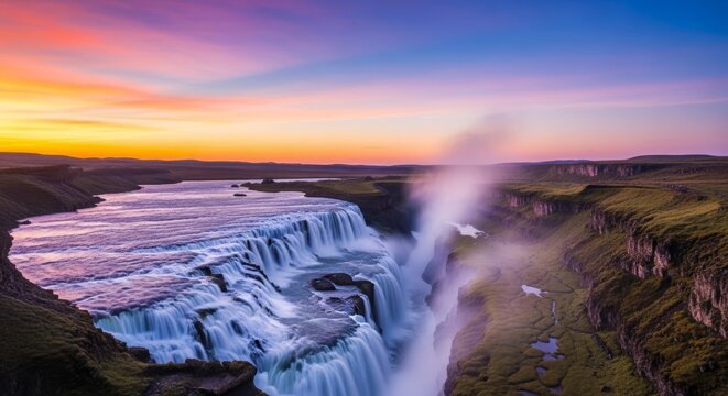 An immense, panoramic aerial view captures a colossal waterfall stretching across the vast horizon, plunging into a misty canyon below, splashing, cliff, environment