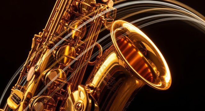 Artistic close up of a golden saxophone with vibrant motion blur streaks, showing rhythmic movement and glowing warm amber stage lighting, energy, atmosphere, stage