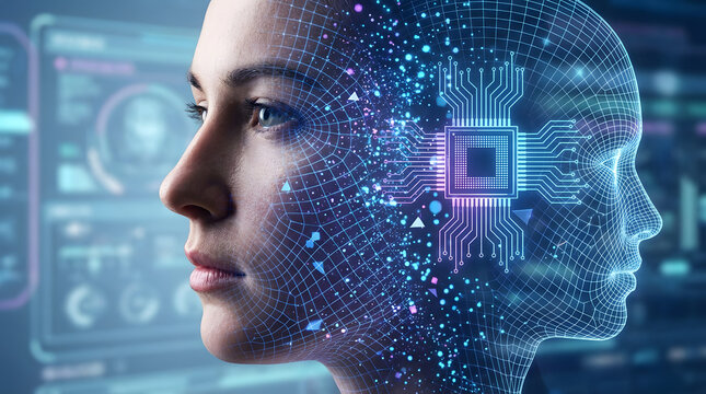 Digital human face constructed from circuits and glowing particles, representing artificial intelligence and futuristic technology