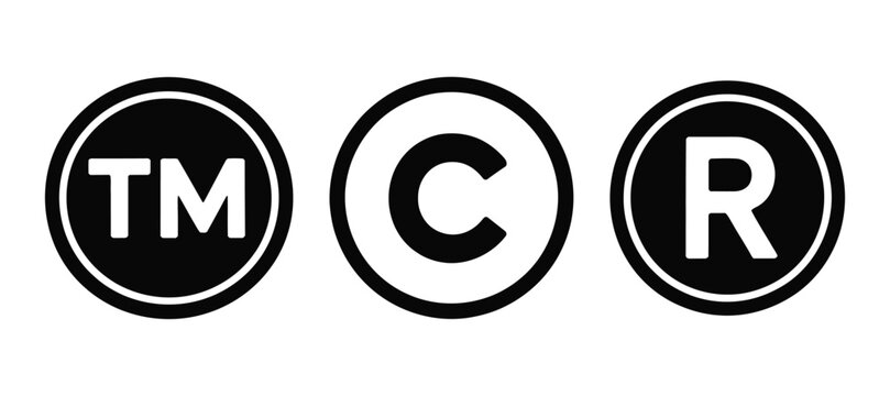 Registered trademark and copyright icons, vector set of legal symbol marks including R, TM, and copyright signs for branding protection, intellectual property, and business identity design