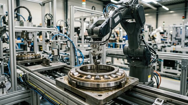 Medium shot focusing on automated equipment inserting elements into thrust bearing assemblies highlighting intricate robotic operations and exact component placement.