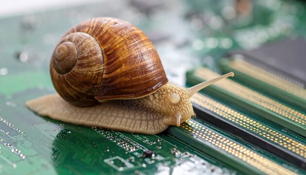 A Snail Crawls Slowly Across a Computer Circuit Board Symbolizing Slow Technology.