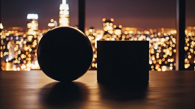 Futuristic smart speaker and cube on table with city skyline at night